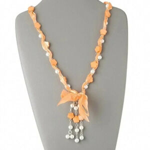 Orange and White Freshwater Pearl Shell Organza Ribbon Necklace